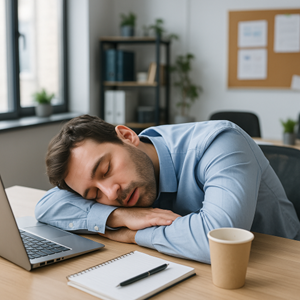 Sieste au travail - homme assoupi sur bureau 2