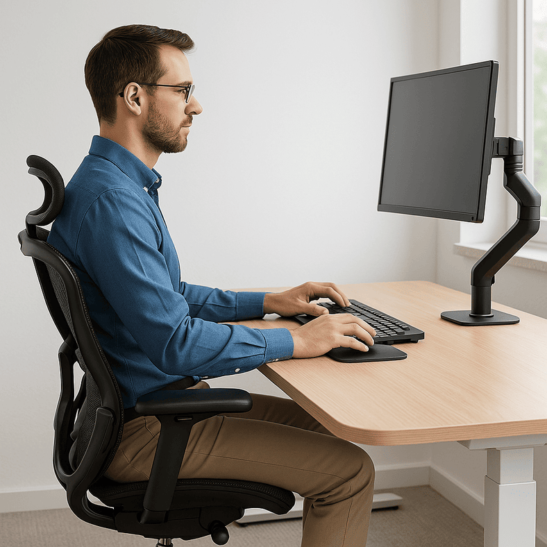 Poste travail ergonomique - bureau, chaise, ecran