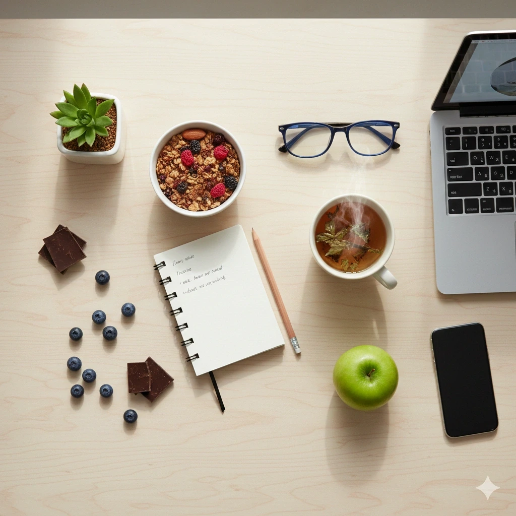 Microbiote et bien-etre au travail - produits bio sur table de bureau