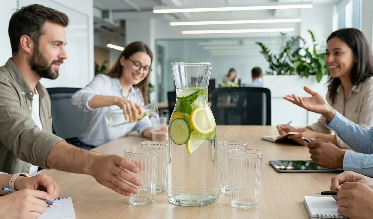 collaborateurs autour d'une table avec une carafe d'eau pour favoriser l'hydratation naturelle
