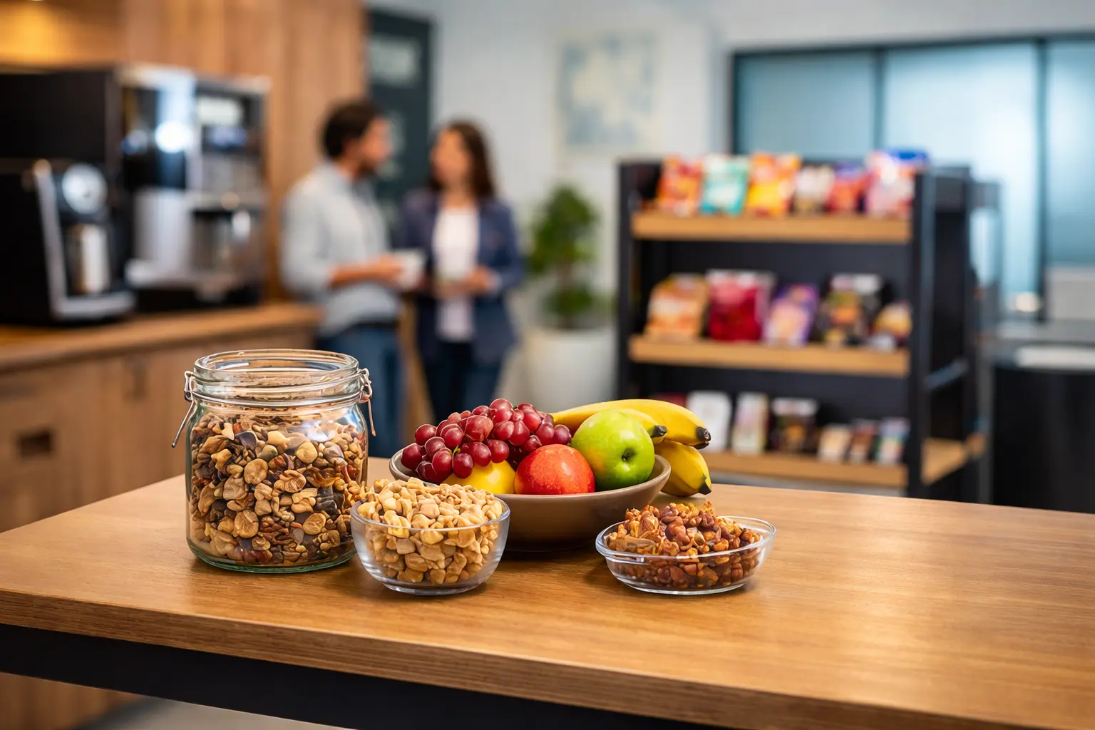bocaux en verre de granolas et une corbeille de fruits frais pour encourager des choix alimentaires sains par la visibilité