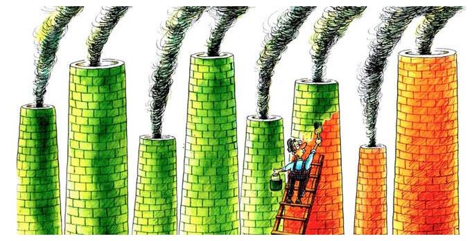 Cartoon of a man painting factory smokestacks green